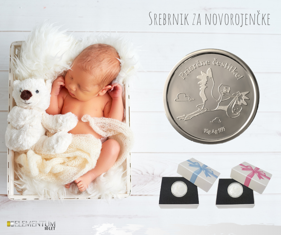 Srebrnik Štorklja z novorojenčkom - 15g v darilni embalaži